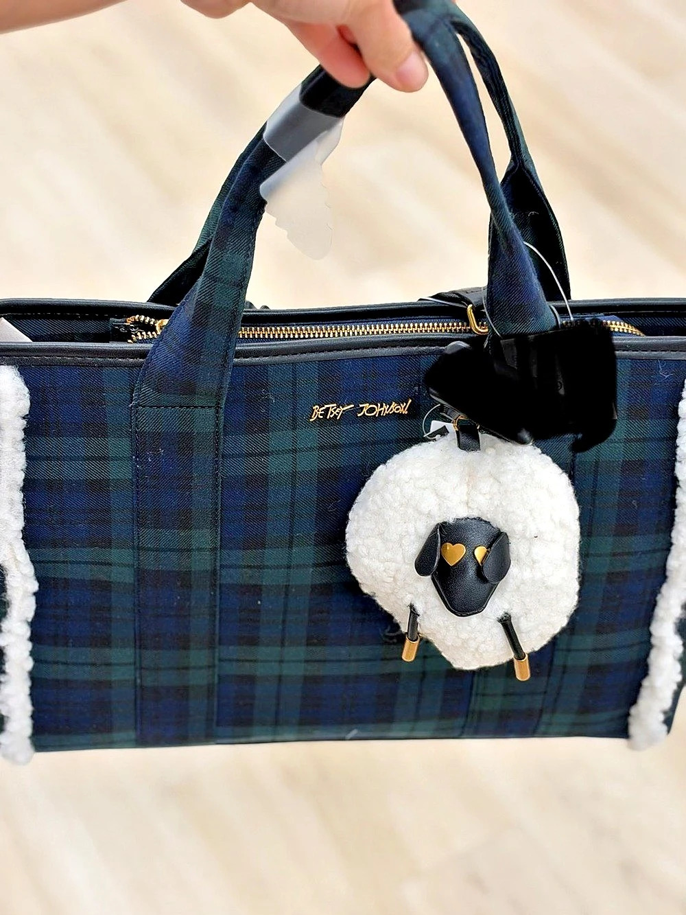 Betsey Johnson Green & Navy Tartan Tote with Sheep Charm